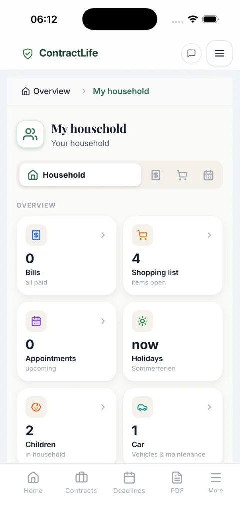 ContractLife household: bills, shopping list, appointments, children and car in one view