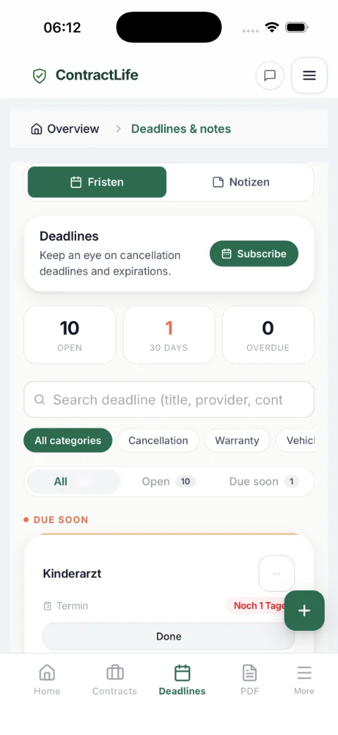 ContractLife deadlines: open, due-soon and overdue dates, one due in a day