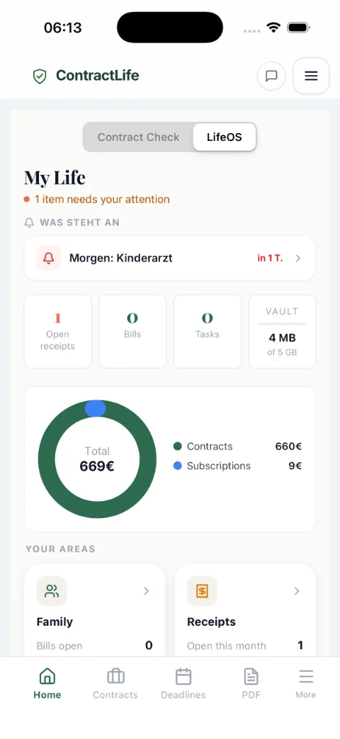 ContractLife overview: total monthly costs of 669 € split into contracts and subscriptions